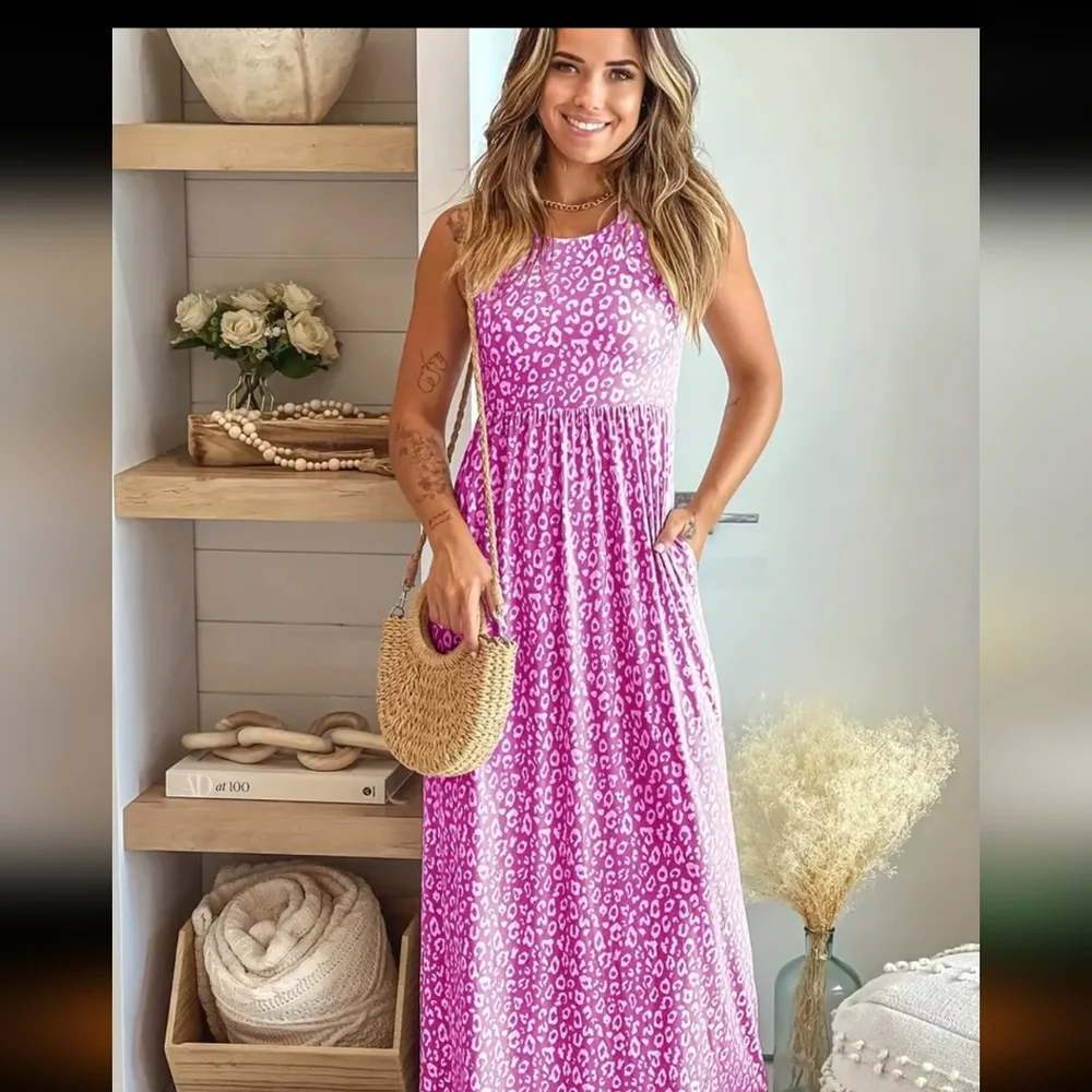 Women's Maxi Leopard Dress/ Rose Red - Picture 1 of 4